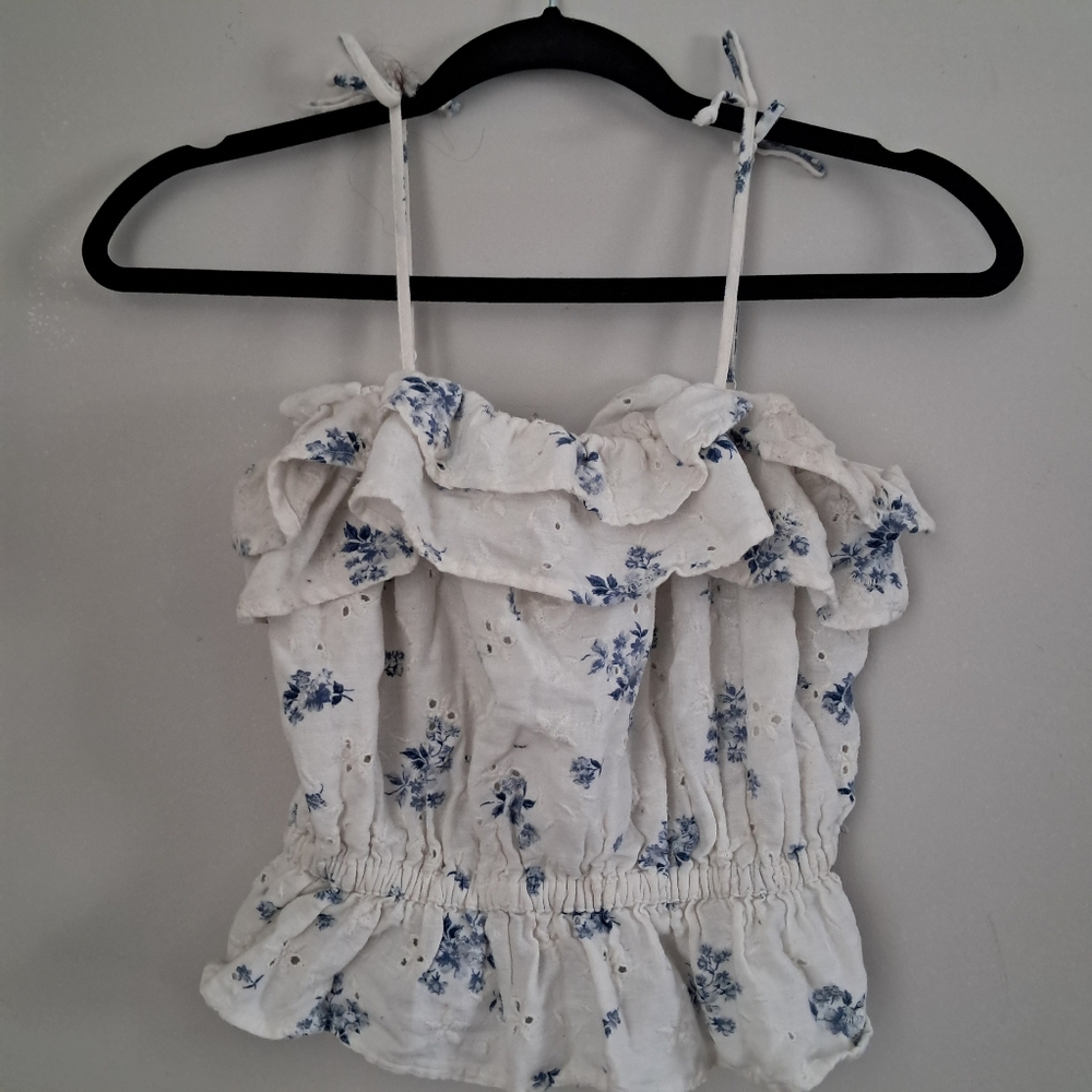American Eagle AE Blue & White Floral Ruffle Women's Top - Picture 2 of 5